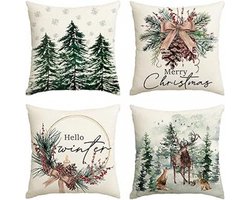 Kerstkussenhoezen - Set van 4, 45 x 45 cm - Linnen, zachte kerstdecoratie met rendiermotief - Voor banken, slaapkamers en woonkamers - Mix kleuren