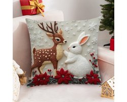 Kerstkussensloop 45x45 cm - Linnen met hert & konijn borduurwerk - Boerderijstijl - Decoratief sierkussen voor bank & bed - Feestelijke woonkamer decoratie - Herfst & winter - Kerstkussenhoes
