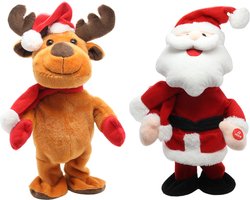 Kerstman en rendier pop dansend 30 cm bewegende kerstfiguren/kerstpoppen - Dansende kerstfiguren/poppen
