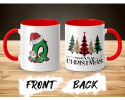 Kerstmis Q mok met Kerstman design rode binnenkant, kerst mok met Q letter en Kerstman en cadeautjes, unieke kerst mokken