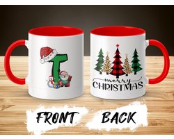 Kerstmok met letter T, santa designs mok, rode binnenkant mok, kerstcadeau mok, vrolijke kerst mok, schattige mokken