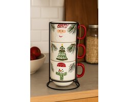 Kerstmok Set van 3 met Houder – Santa, Kerstboom & Sneeuwpop – Kerstservies – Kerstmokken – 390 ml