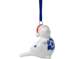Kerstornament Vogel met kerstmuts - Links - Keramiek - 6 cm