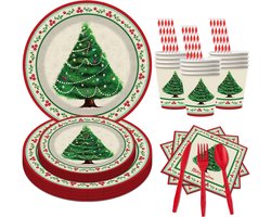 Kerstservies- kerst - wegwerp borden- Vintage kerstfeestbenodigdheden serviesset - voor 10 gasten - inclusief 10 kerstpapieren borden van 7 en 9 inch, 20 servetten, 10 wegwerpbekers en 10 bestekdelen voor feestdecoraties tijdens de feestdagen