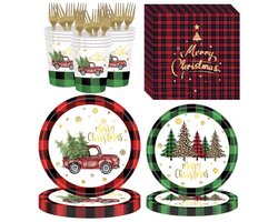 Kerstservies Set Pick-up - 96-delig Wegwerpservies -Truck & Kerstbomen - Ruitmotief Rood/Groen