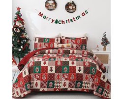 Kerstsprei, 240 x 260 cm, kerstbomen, bedsprei, patchwork, sneeuwpop, Kerstmis, overdeken voor slaapkamer, met 2 kussenslopen van 50 x 75 cm