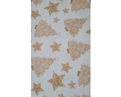 Kersttafelkleed wit - goud - kerststerren - kerstboom - kerstster en kerstbomen - kerst kleed - bruin - 200x240 cm - tafellaken - vinyl tafelkleed - makkelijk schoonmaken
