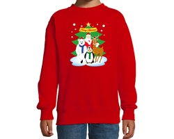 Kersttrui sweater voor kinderen - Kerst dieren vriendjes - rood - lange mouwen - kleding - kerstdiner 134/146