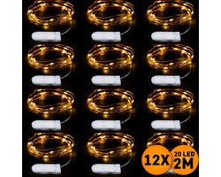 Kerstverlichting op batterij, 12 stuks, 2 meter 20 LEDs, Warm Wit, Lichtsnoer type Nano Koperdraad, Kerstboomverlichting, Inclusief CR2032 batterijen, Lichtslinger geschikt voor binnen, kerstverlichting led