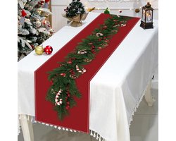 Kerstversiering - Kerstcadeaus - Tafelloper - Tafellopers textiel - Tafeldecoratie - Linnen kersttafelloper - Met bel - Boom - Zuurstokprint - Voor kersttafeldecoratie - Eetkamer - Huis