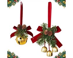 Kerstversiering Set van 2 - Rode Strik - Kerstballen - Ornamenten - Voorgebonden Fluweel - Rood - Kerststrikken - Dennentak - Dennenappels - Klokken - Kersthangers
