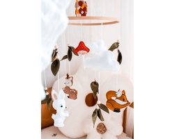 Kersvers - mobiel baby - bosdieren speelgoed - Box mobiel baby herfst - Dieren - Kraamcadeau - Knuffel uil - Knuffel hert - vosje - konijn - Vilt - Wieg - Babykamer - zonder muziekarm - babykamer decoratie - Babyspeelgoed