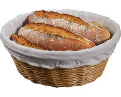 Kesper Broodmandje met stof - gevlochten kunststof - lichtbruin - rond - D25 x H9 cm - tafel serveermandje