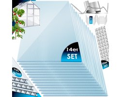 KESSER® 14x Dubbelwandige Polycarbonaat Plaat voor Tuinkas 10,25 m² 4 mm dik - Broeikas Platen 121 x 60,5 cm met 50x Klemmen + 50x Z-Clips Dakplaten - Doorzichtig