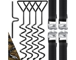 KESSER® 4x grondanker 9-delige set Bevestiging Houder voor trampoline, schommel, paviljoen, partytent, tuinhuisje, schommel, tent, gemaakt van 1cm Ø roestvrij staal Om vast te schroeven, + 4 spanbanden + draaihulp - Zwart / Zilver
