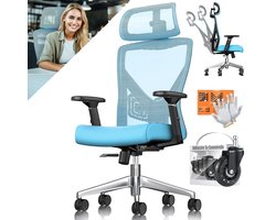 KESSER Bureaustoel Ergonomisch met Hoofdsteun en Lendensteun - Bureaustoelen voor Volwassenen, Verstelbare Armleuningen en Rugleuning - Blauw/Zilver