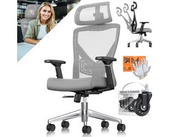 KESSER® Bureaustoel | Ergonomische Bureaustoelen voor Volwassenen | verstelbare rugleuning | in hoogte verstelbaar | Hoofdsteun & Lendensteun | office Chair met 5x rubberen wielen - Grijs / Zilver