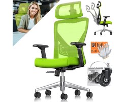 KESSER® Bureaustoel | Ergonomische Bureaustoelen voor Volwassenen | verstelbare rugleuning | in hoogte verstelbaar | Hoofdsteun & Lendensteun | office Chair met 5x rubberen wielen - Groen / Zilver
