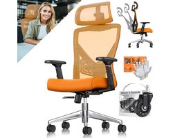 KESSER® Bureaustoel | Ergonomische Bureaustoelen voor Volwassenen | verstelbare rugleuning | in hoogte verstelbaar | Hoofdsteun & Lendensteun | office Chair met 5x rubberen wielen - Oranje / Zilver