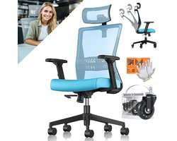 KESSER® Bureaustoel | Ergonomische Bureaustoelen voor Volwassenen | verstelbare rugleuning | in hoogte verstelbaar | Hoofdsteun & Lendensteun | office Chair met 5x rubberen wielen - Blauw