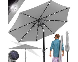 KESSER® Parasol LED Solar Stokparasol met Zwengel Incl. 2in1 Beschermhoes Transporttas, Tuinparasol, Parasol voor Balkon Tuin & Terras Verstelbaar Buigbaar Balkonparasol - Rond, Lichtgrijs