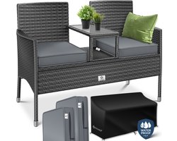 KESSER® Polyrotan tuinbank 2-zits bank met geïntegreerd incl. tafel & kussen - 133 × 63 × 84 cm - rotan zitbank tuin balkon tuinsofa weerbestendig zitgroep ultra stabiel, antraciet