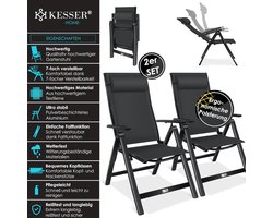KESSER® Tuinstoel met armleuningen set van 2 | Opvouwbare aluminium ligstoel incl. kussen | Kampeerstoel met 7-voudig verstelbare rugleuning | Ademend en weerbestendig | Opvouwbaar en antislip Zwart