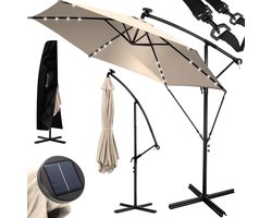 KESSER® Zweefparasol met LED Solar Verlichting en voet 300cm x 300cm - Parasol 360° Draaibaar Incl. Beschermhoes Tuinparasol Zonne-energie - Beige Ø 3m