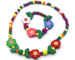 Ketting en Armband voor Kinderen - Set Sieraden van Hout - Bloemen