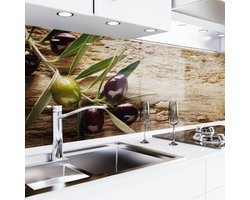 Keuken achterwand zelfklevend – Glaslook – Spatscherm keuken – Verstevigde PET folie – Spatwand fornuis – Muurbeschermer – 0,80 mm - Olijven - 500 cm x 60 cm