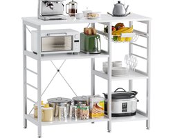 “Keuken Bakkersrek – Magnetron/Oven Standaard met Bamboe Frame, 90cm Koffiebar met Draadmand & 6 Haken, 3-Lagen Opbergplank voor Keuken, Woonkamer, Kantoor, Wit”