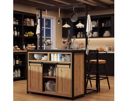 Keuken Eiland – 107 x 62 x 183 cm – Met Stopcontact En Usb – MDF En Metaal – Houtlook Zwart – Vrijstaand