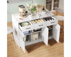 Keuken Eiland - Keukenmeubel Keuken Opslag - Koken En Dineren - Geïntegreerde Bar Zitjes - 120x60x90.5 cm - Marmerlook Wit