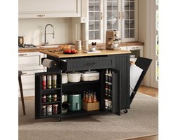 Keuken Eiland - Opvouwbaar Werkblad En Verrijdbare Opbergkast - Extra Werk En Opbergruimte Voor Keuken - MDF - Zwart - 130x70x93 Cm