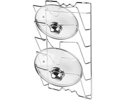 Keuken hangende dekselhouder, verticale roestvrijstalen dekselhouder, 5 deksels, metalen pannenlap, voor potten en kommen, 43,5 * 27,8 * 9,7 cm
