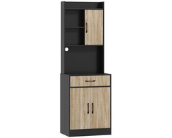 Keuken kast Opberkast Zij kast Eettafel kast met werkblad, kabelgat, open planken, lades en opbergruimte Stevige houten frame Modern design Geschikt voor keuken, eetkamer 60x40x180cm naturel+zwart
