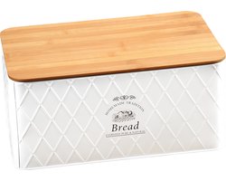 Keuken Metalen Broodtrommel met Houten Bamboe Brood Snijplank, Klassiek Model: "Landhuis" | Materiaal: Metaal / FSC Bamboe hout | Met Bamboe Deksel, te gebruiken als brood snijplank | Opschrift: Bread | Brooddoos | Brood Trommel | Afm. 32,5 x 21 x 15