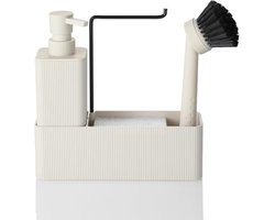 Keuken Organiser Set Beige met Vaatwasmiddel Dispenser, Spons, Borstel en Houder