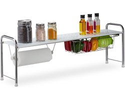 keuken organizer met keukenrolhouder - keukenrek met mandje - metaal - 32 x 94 x 23 cm - wit/zilver