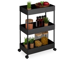 keuken trolley - met wieltjes - 3 laags - badkamer - kunststof - serveerwagen - zwart