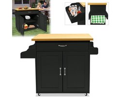 Keuken Trolley op Wielen met Lades en Kastdeur, Multifunctioneel Keukenmeubel, Ideaal voor Eten en Koken, 115 x 36 x 90 cm, Zwart
