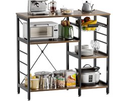 Keukenbakkerij Rek - Magnetronstandaard Met Bamboe Frame - 90cm Koffieshop Stijl - Met Draadmanden En 6 Haken - 3-Lagige Keuken Opbergrek Voor Keuken Woonkamer Kantoor - Rustiek Bruin