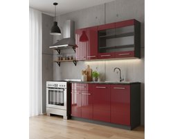 Keukenblok 140 cm met Werkblad – Moderne Singlekeuken in Bordeaux Hoogglans & Antraciet – Compacte Complete Keuken met Soft-Close Deuren, Metalen Handgrepen en Verstelbare Poten – 60D x 140B x 81,6H cm – Novihome
