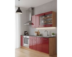 Keukenblok 140 cm met Werkblad – Moderne Singlekeuken in Bordeaux Hoogglans & Goldkraft Eiken – Compacte Complete Keuken met Soft-Close Deuren, Metalen Handgrepen en Verstelbare Planken – 60D x 140B x 81,6H cm – Novihome