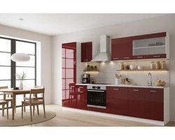 Keukenblok 300 cm Bordeaux Hoogglans/Wit – Modern, Wandmontage, Lichtgewicht met Verstelbare Plank, Werkblad Inclusief, 60 x 300 x 81,6 cm – Novihome Complete R-Line Keukeneenheid