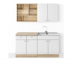 Keukenblok - Brina Kleine Keuken 160cm zonder apparatuur Wit/Eiken ZA160WE - Gratis spoelbak & sifon - Mini keuken 160 cm - Kleine witte keuken - Klein keukenblok