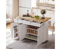 Keukenblok – Keukenkast – Keukenmeubel – Keukeneiland – Kitchenette – Mobiel met Inklapbaar Werkblad – Zes Wielen met Rem – Zwart Modern Design