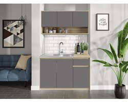 Keukenblok - Kleine Keuken Grijs & Eiken - 120cm – Mini Keukenblok – Kitchenette met Franke Spoelbak – Goedkope Keukenkast - Keuken zonder apparatuur