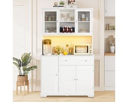 Keukenbuffet - Buffetkast - Keukenkast - Met LED Verlichting - Met 5 Deuren en Grote Lades - Verstelbare Planken en Ingebouwd Stopcontact - Industrieel Design - 175x40x105 cm - Voor Woonkamer, Eetkamer, Hal of Keuken - Wit