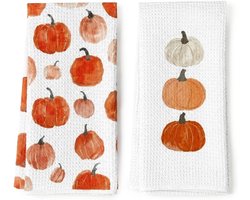 Keukendoek en Theedoek - Set van 2 Stuks - Absorberende Wafel Theedoeken met Herfstmotief - Geschikt voor Afwas & Handen Drogen - 40 x 60 cm - Wit & Oranje
